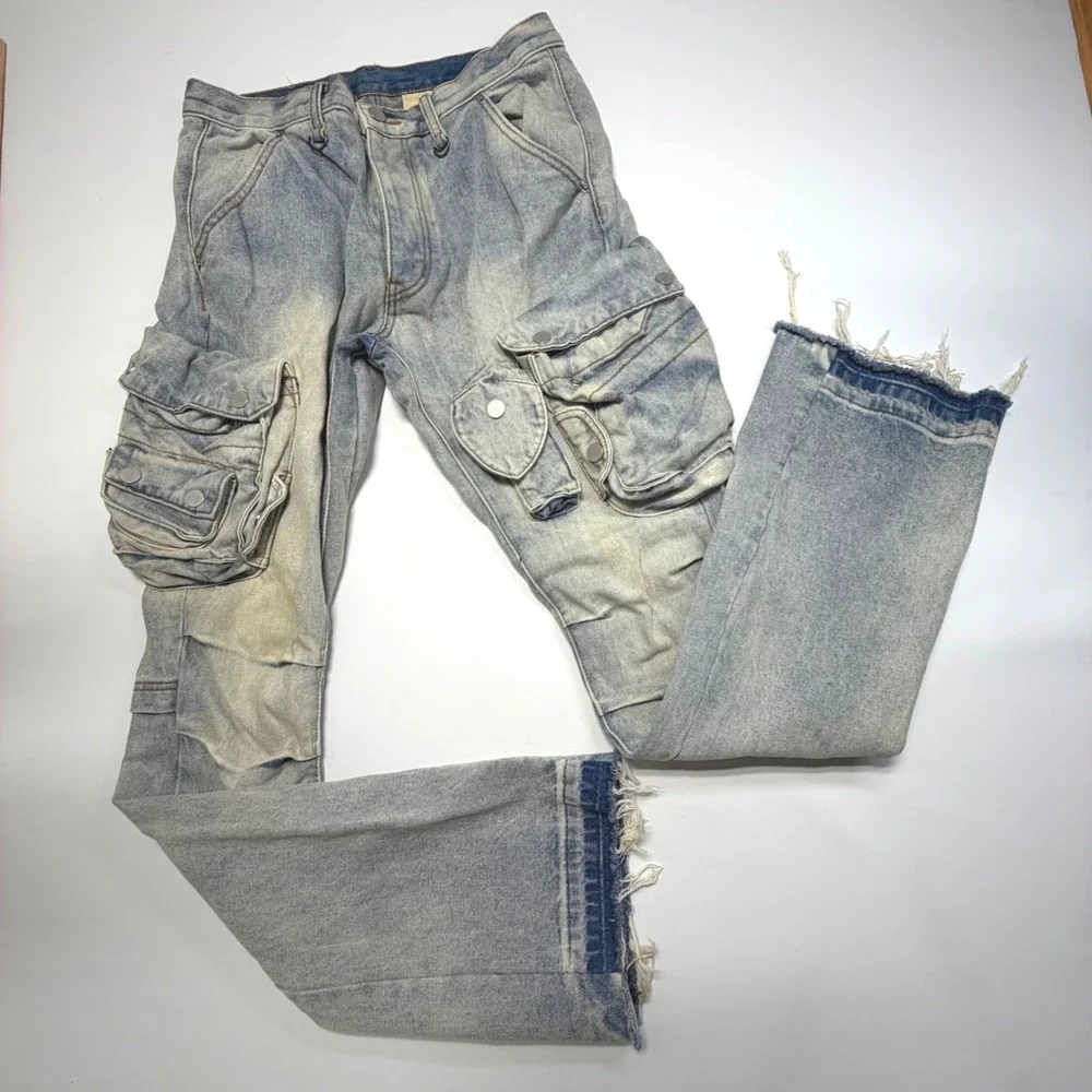 MNML Acid Wash Cargo Jeans Size 31 Baggy Y2K Utility Denim